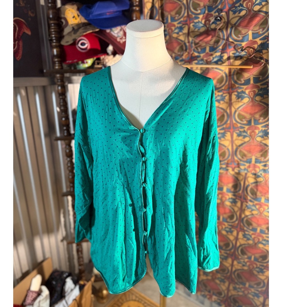 Vintage Victorias Secret Gold Label‎ Green Polka Dot Cotton Cardigan Top Large